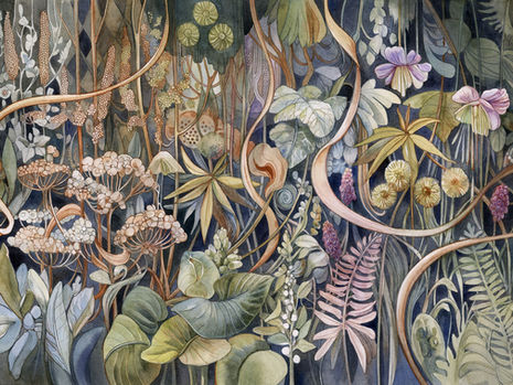 Decorative botanical watercolor with warm tones and complex floral arrangement by Irina Vinnik