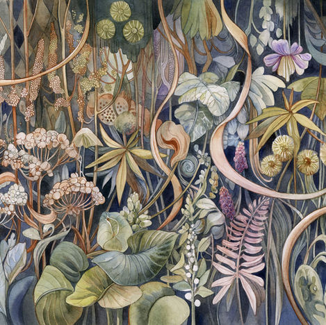 Decorative botanical watercolor with warm tones and complex floral arrangement by Irina Vinnik
