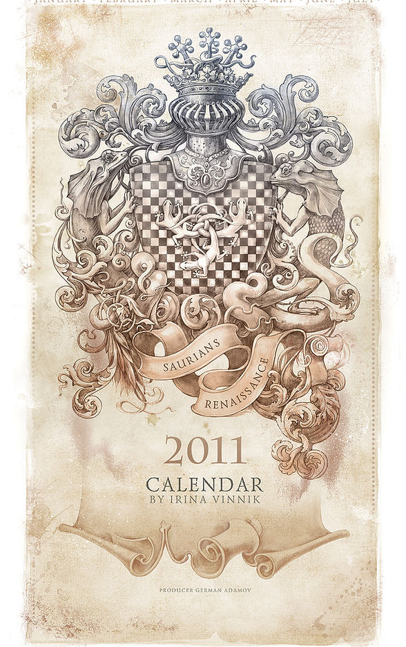 The first calendar in Irina Vinnik’s series explores the changing seasons through symbolic narratives inhabited by fantastical saurian creatures. Each month represents a different emotional state, moment, or stage of transformation, unfolding through flowing ornamental forms and dreamlike compositions. Created entirely in a digital medium, the project established many visual themes that would continue to evolve throughout the artist’s later work.