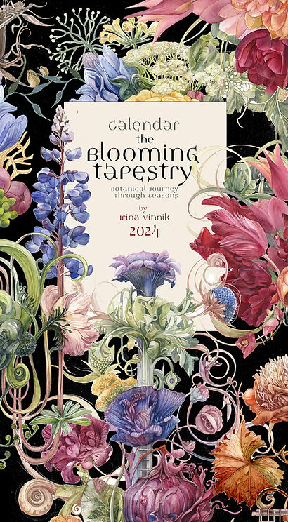 Luxurious botanical composition filled with colorful flowers and foliage surrounding the title Blooming Tapestry.