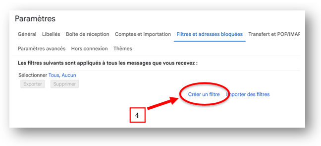 Étape 4 – Cliquez sur « Créer un filtre » pour démarrer la configuration d’un filtre de courriel dans Gmail.