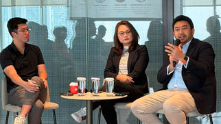 Hilmi H. Kartasasmita, Deputy Head of the Global Engagement Office at the Indonesian Chamber of Commerce and Industry (KADIN), and Sherly Susilo, Policy Manager at the CEO Office of Sintesa Group, speak at International Relations for Business Academy 3.0, moderated by Angelo Wijaya of Foreign Policy Talks. (Photo: Foreign Policy Talks)