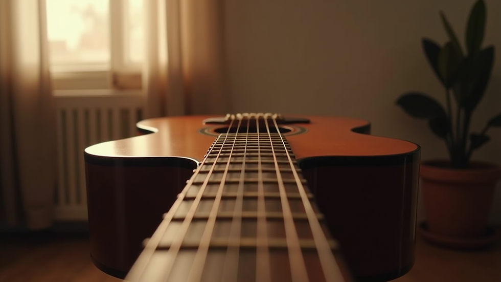 Eye-level view of a guitar resting on a music stand in a cozy room