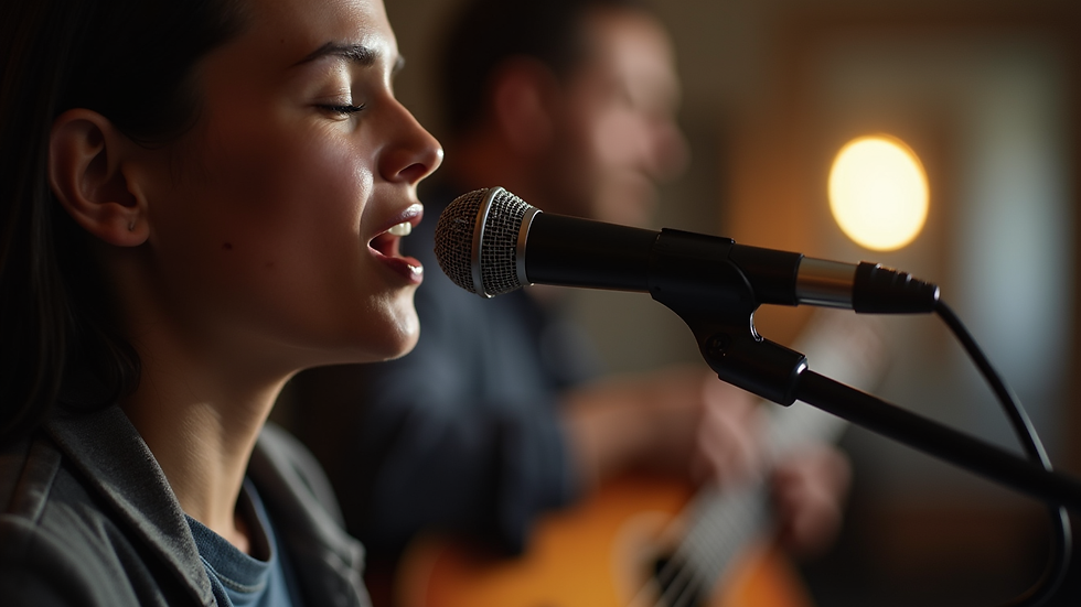Close-up view of a person using a digital tuner while singing