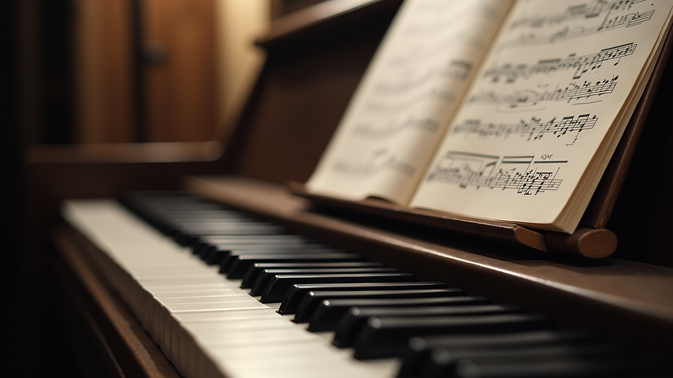 Close-up view of a piano keyboard with sheet music on a stand