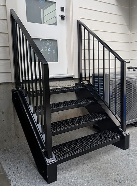 Aluminum C-channel stair stringer with diamond-grate treads, and vertical picket guardrails, Campbell River