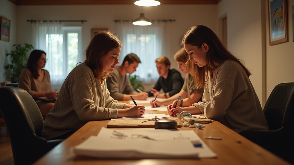 Wide angle view of a cozy community space with women engaged in a workshop