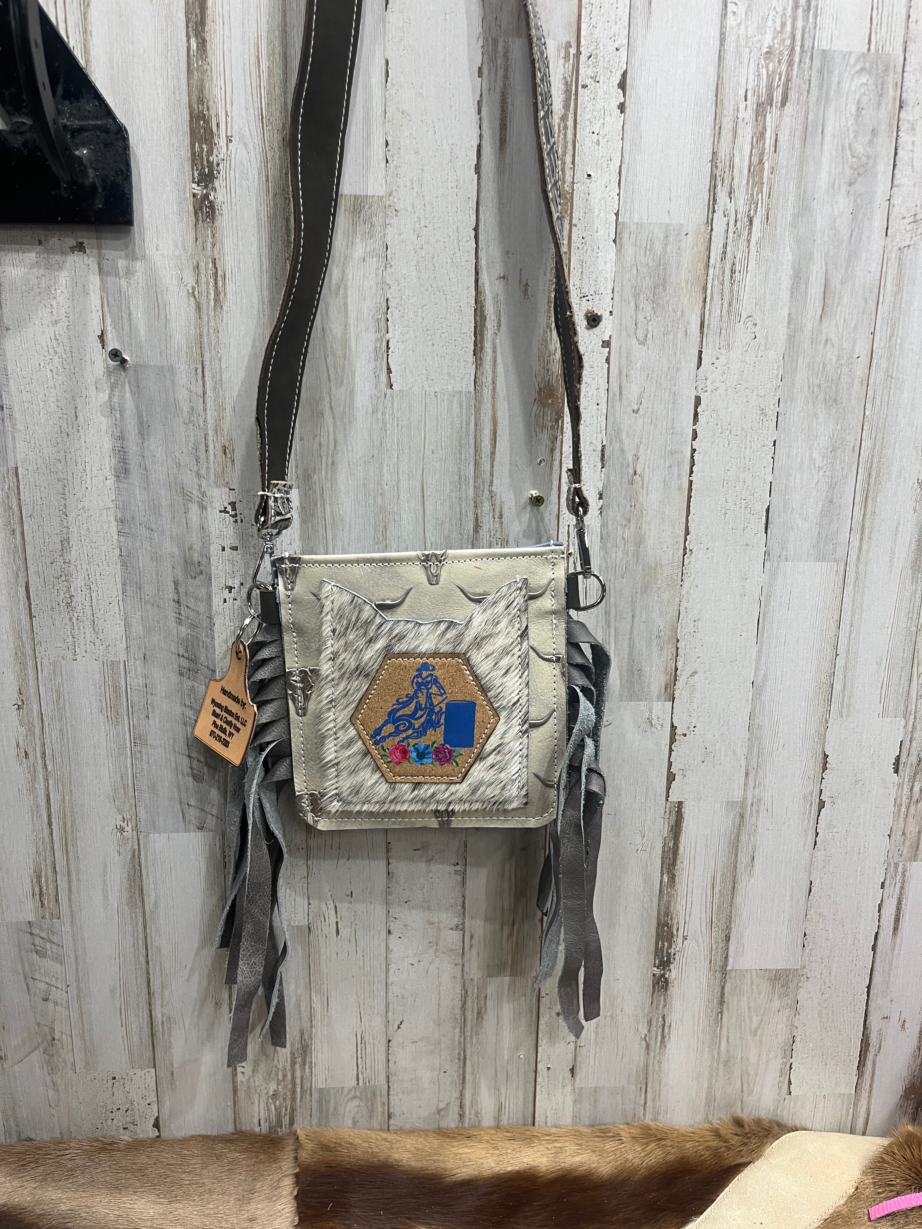 Mini Cell Phone White Steer Head Purse with barrel racer leather patch