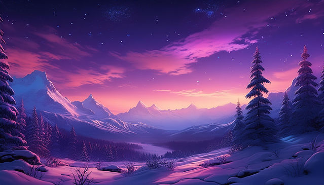 Firefly snowy foreground night time purple sky fantasy set in a winter mountain range Moun