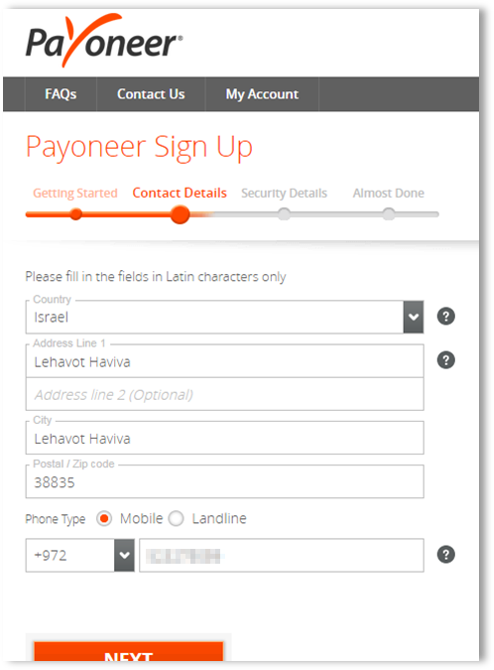 שלב שני בפתיחת חשבון ב-Payoneer - Contact Details