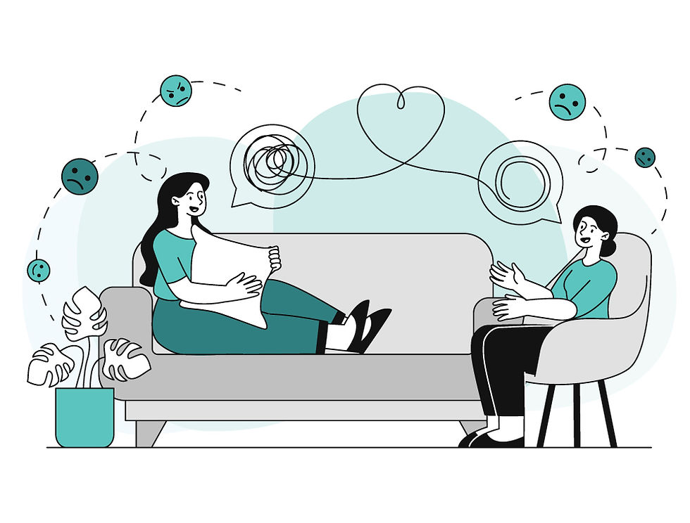 illustration of a therapy session with a woman on a couch and a therapist untangling symbolic lines representing mental health and emotional healing.