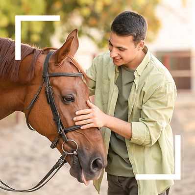 White man interacting with a horse during equine-assisted psychotherapy, representing calm and therapeutic connection.