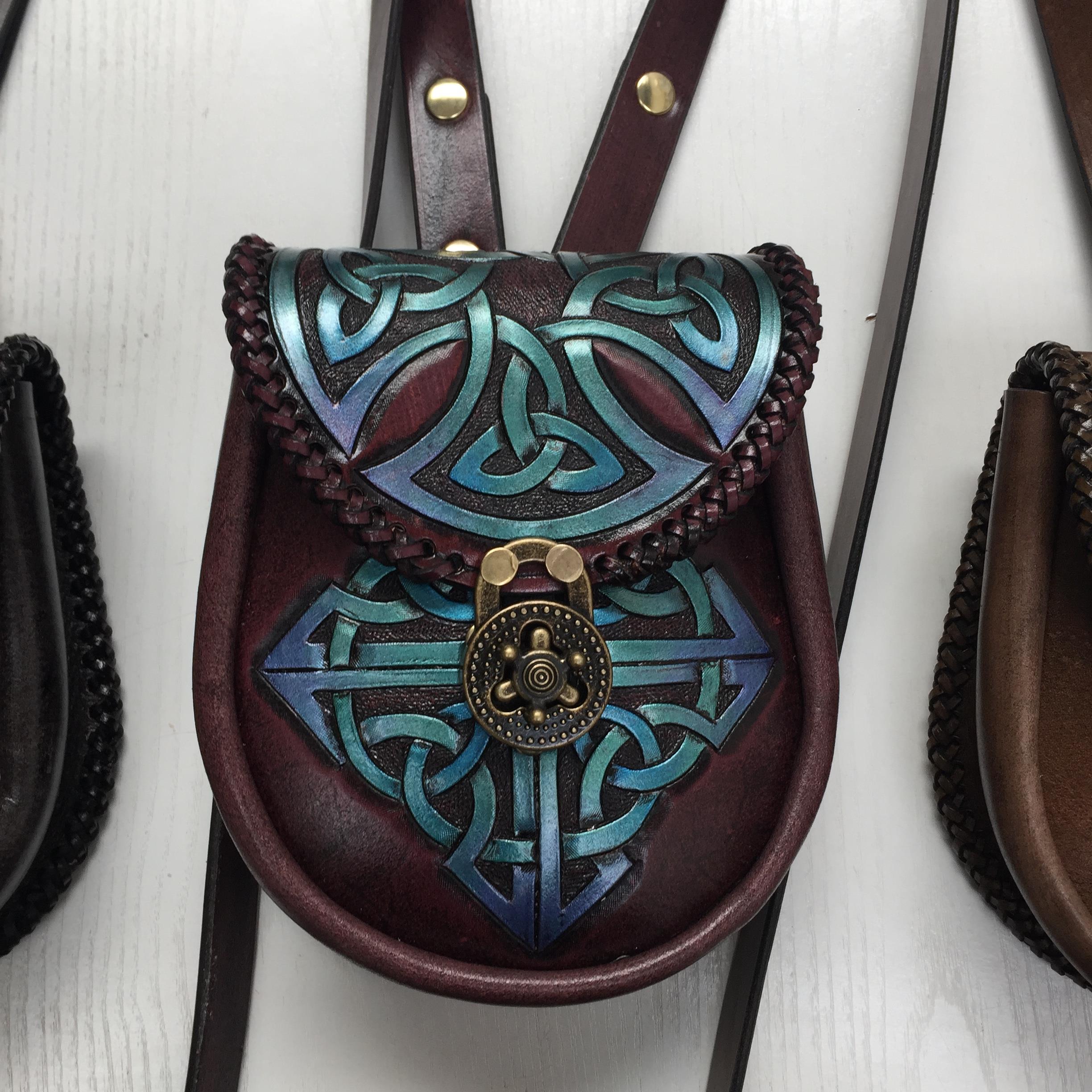 pouch carved strap celtic cross square blue green purple