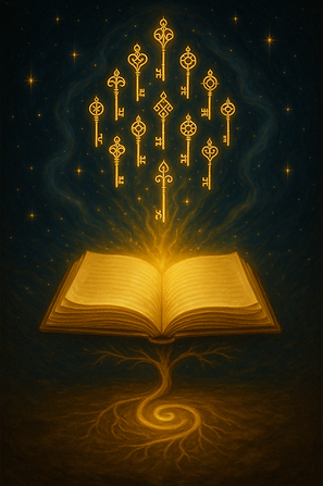 Open book glowing with golden light, evoking the transmission of The Book of Remembrance.