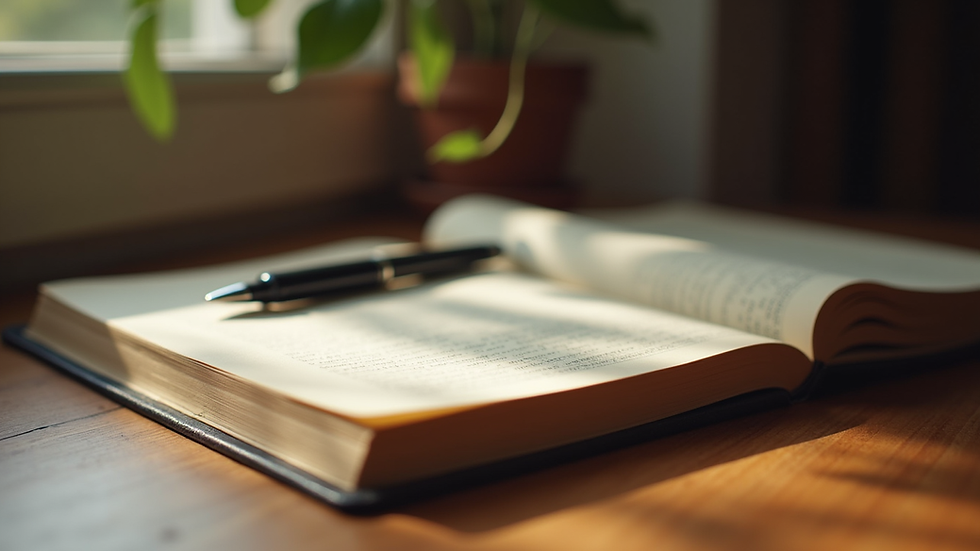Eye-level view of a cozy corner with a journal and pen on a wooden table