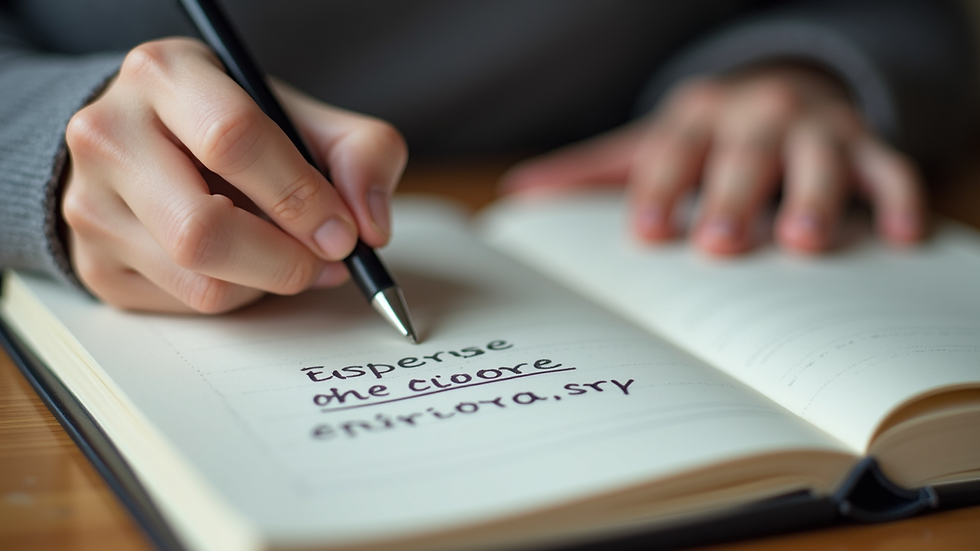 Close-up view of a person writing positive affirmations in a notebook