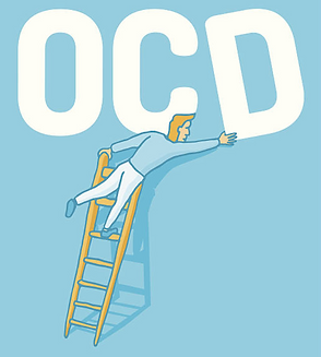 Cartoon of man on ladder fixing the D in OCD that has become crooked