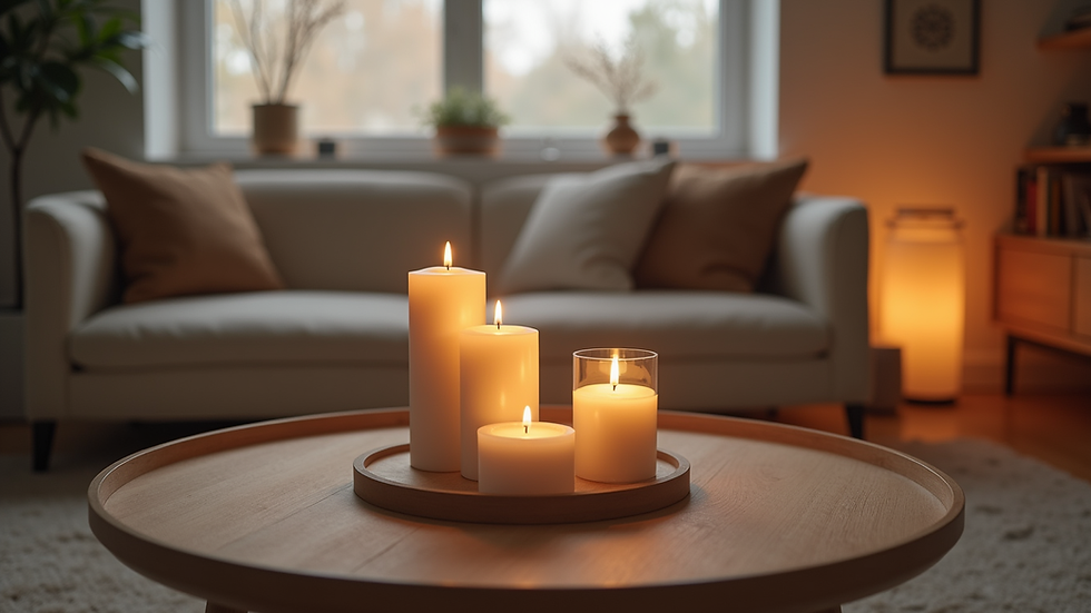 Eye-level view of a cozy living room with scented candles and diffusers