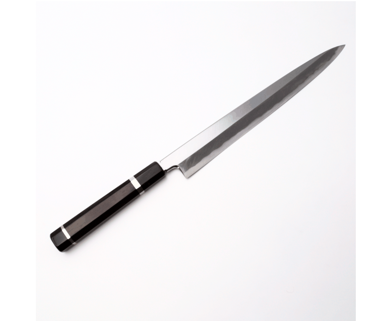 Couteau yanagiba 30cm acier bleu 1 manche ébène bagues argent