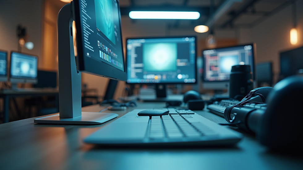 Eye-level view of a modern workspace with a computer and automation tools