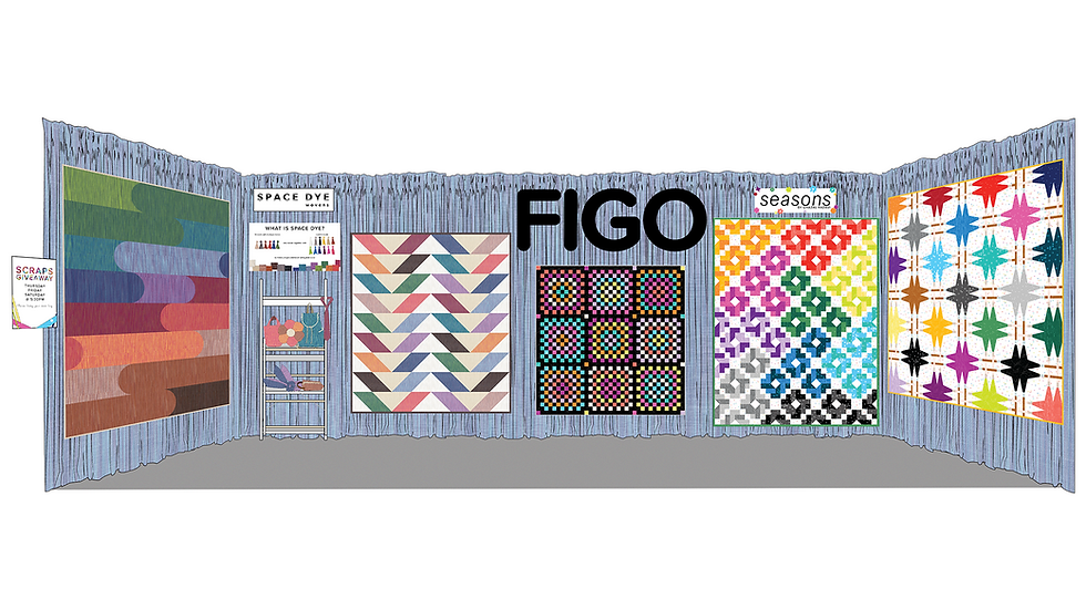 A mock up of a booth for a quilting convention including to-scale products, furniture, and signage as a visual representation of the quilts beside one another.
