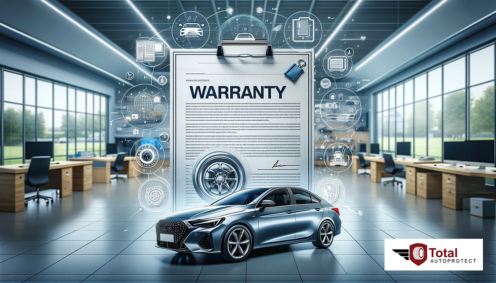 A car in an auto warranty dealership with a contract behind the car