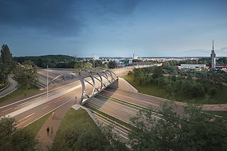 Die zweite Hafenstraßen-Brücke über die Südwesttangente adaptiert die Bauweise und das Design der größeren Brücke, die den Kanal überspannt.