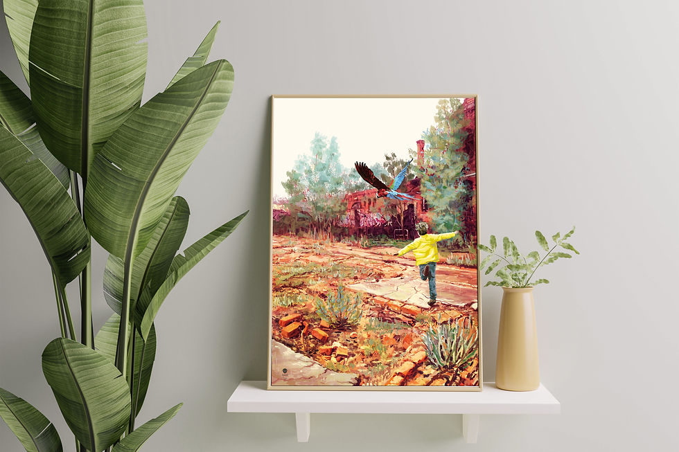 Thumbnail: Kunstdruck Rainbirds – Art Print Junge & Papagei | Natur Wandbild