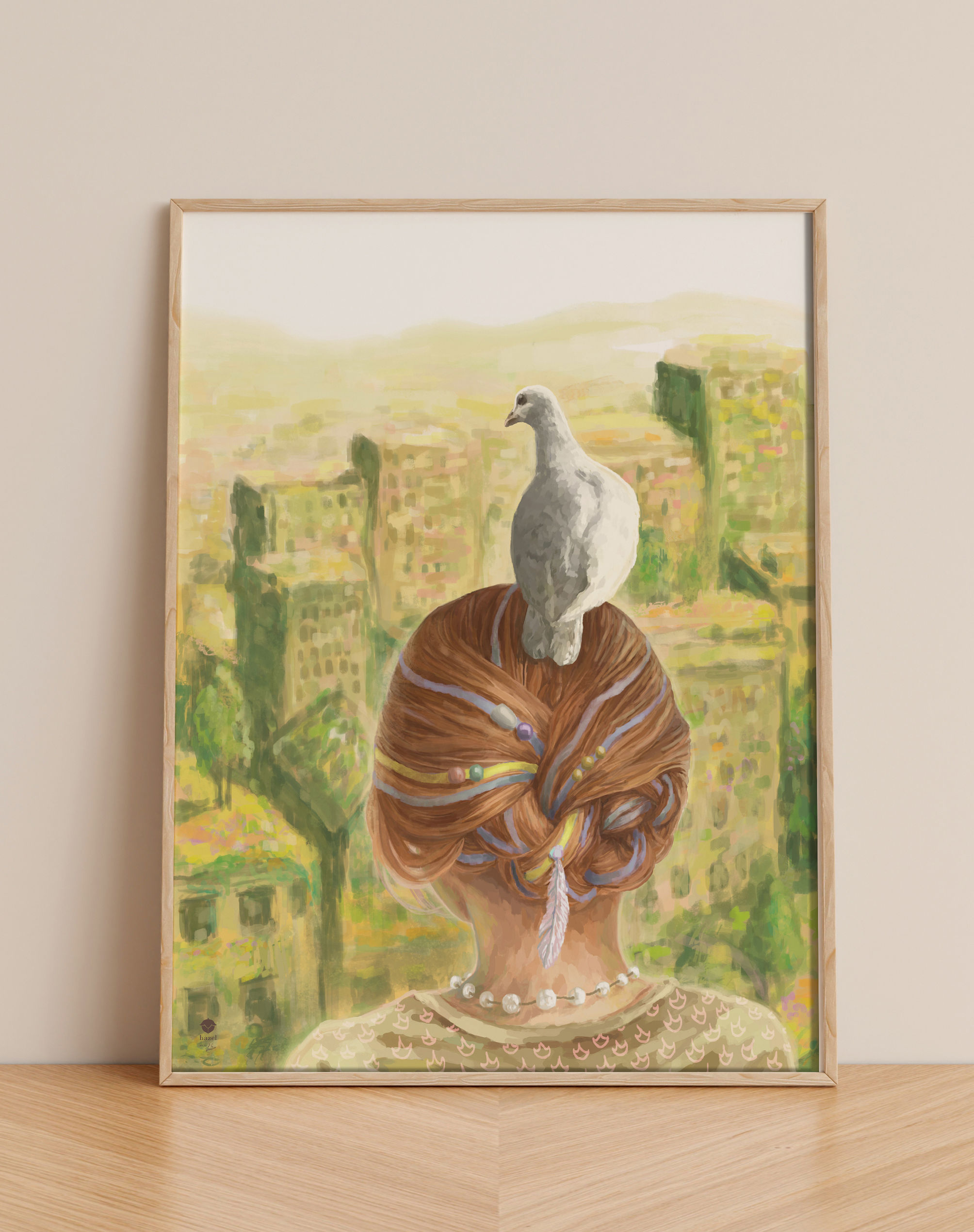 Kunstdruck Two Doves – Art Print Mädchen & Taube | Friedliches Wandbild