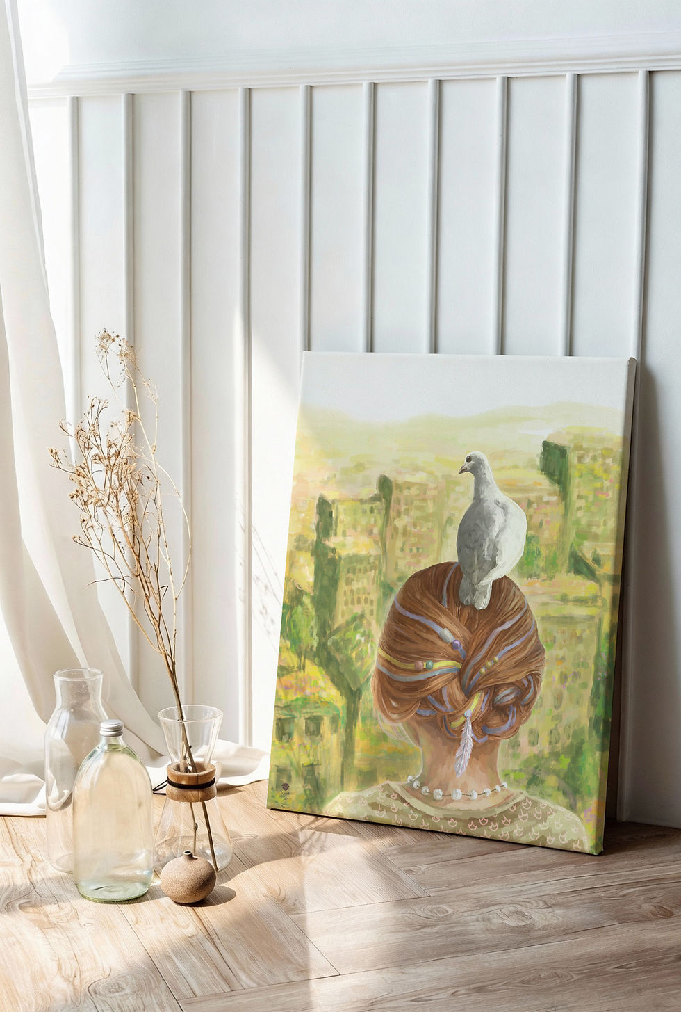 Miniaturbild: Kunstdruck Two Doves – Art Print Mädchen & Taube | Friedliches Wandbild