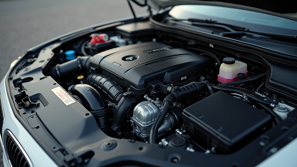 High angle view of car engine bay with clean components