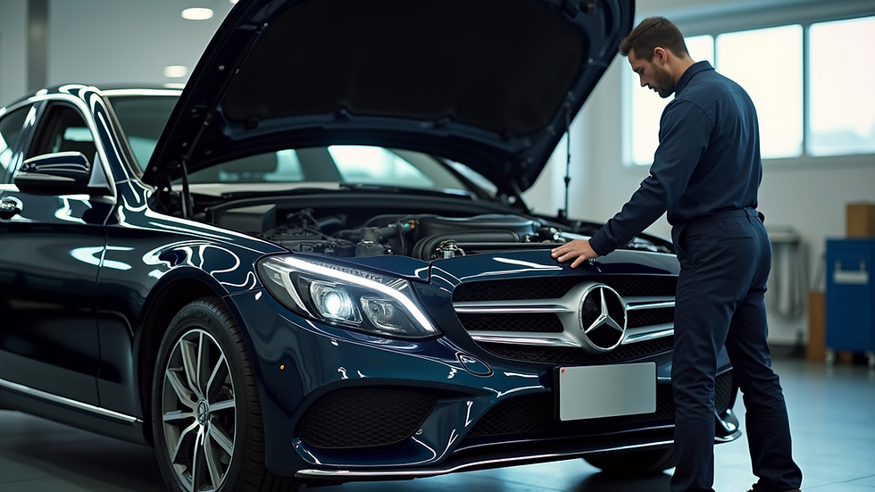 High angle view of a mechanic inspecting a Mercedes-Benz vehicle