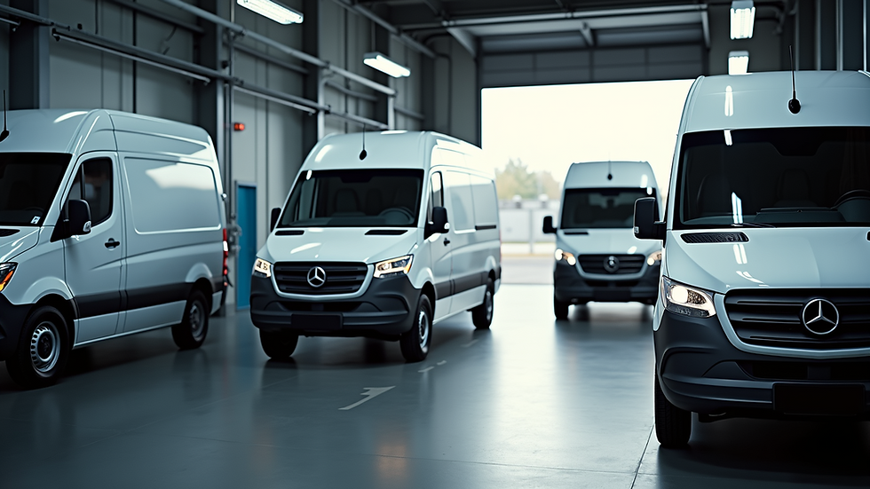 High angle view of a service bay with multiple Sprinter vans
