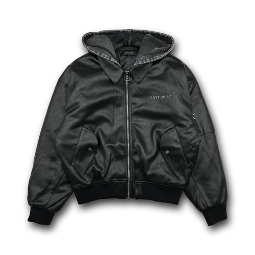LAST NEST / ラストネスト 】Hooded Faux Leather Flight Jacket