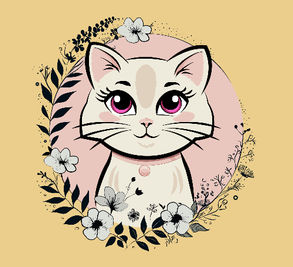 "Elegant Floral Cat" cartoon art by Wolloh — minimalist cat with pink eyes in a pastel flower wreath, perfect for feminine apparel, art prints, home decor, mugs and cute pet designs.
