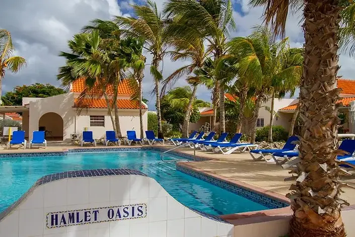 Zwembad met palmbomen en ligstoelen bij Hamlet Oasis Bonaire