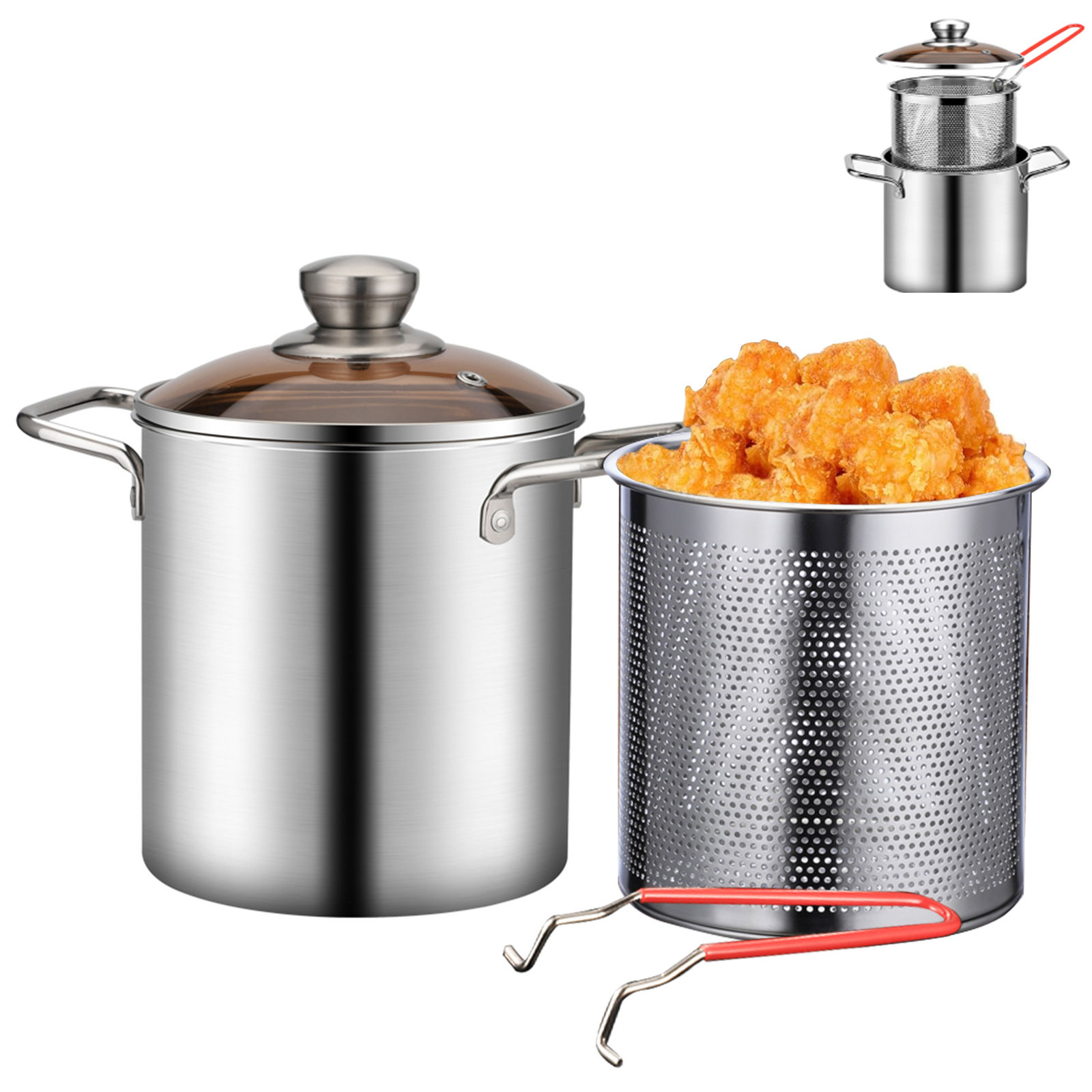 Deep Frying Pot Stainless Steel Fryer Pan Fry Pot with Basket and Lid Food Grade