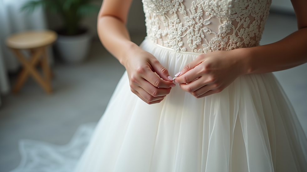 Close-up view of a wedding dress being carefully altered by a seamstress