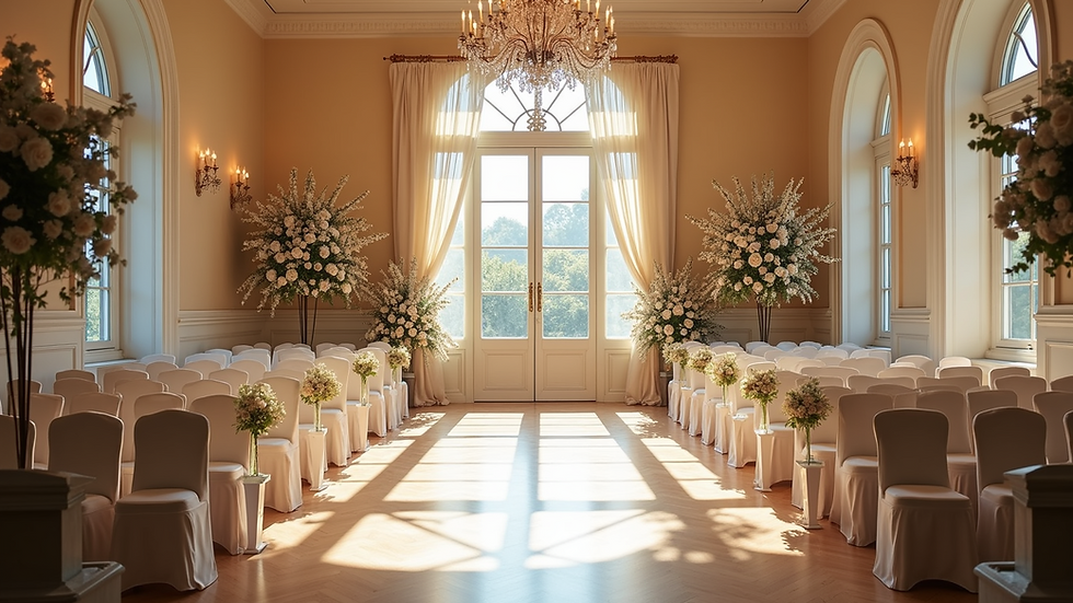 Wide angle view of an elegant wedding venue with floral decorations