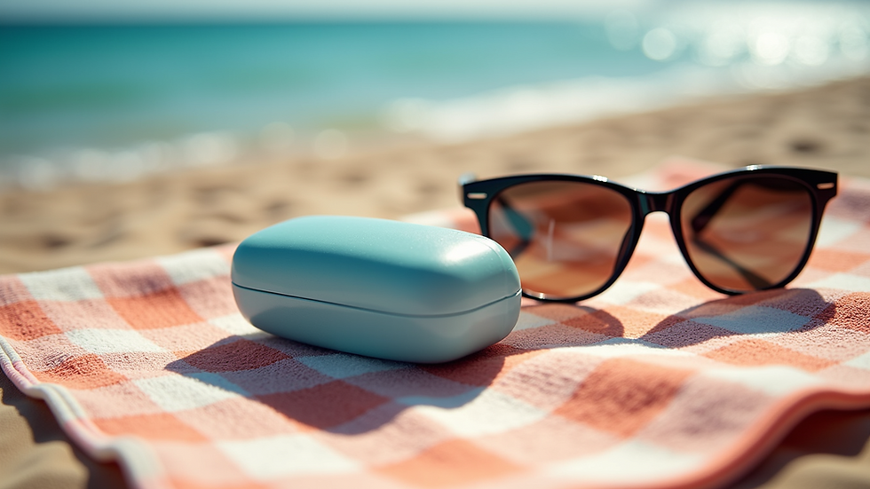 Eye-level view of sunglasses and contact lens case on a beach towel
