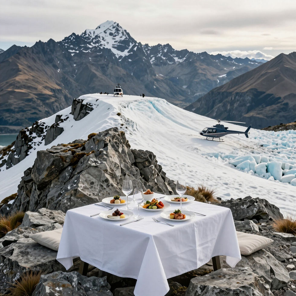 Luxury dining on mountain peak with helicopter and snowy landscape in Queenstown New Zeland