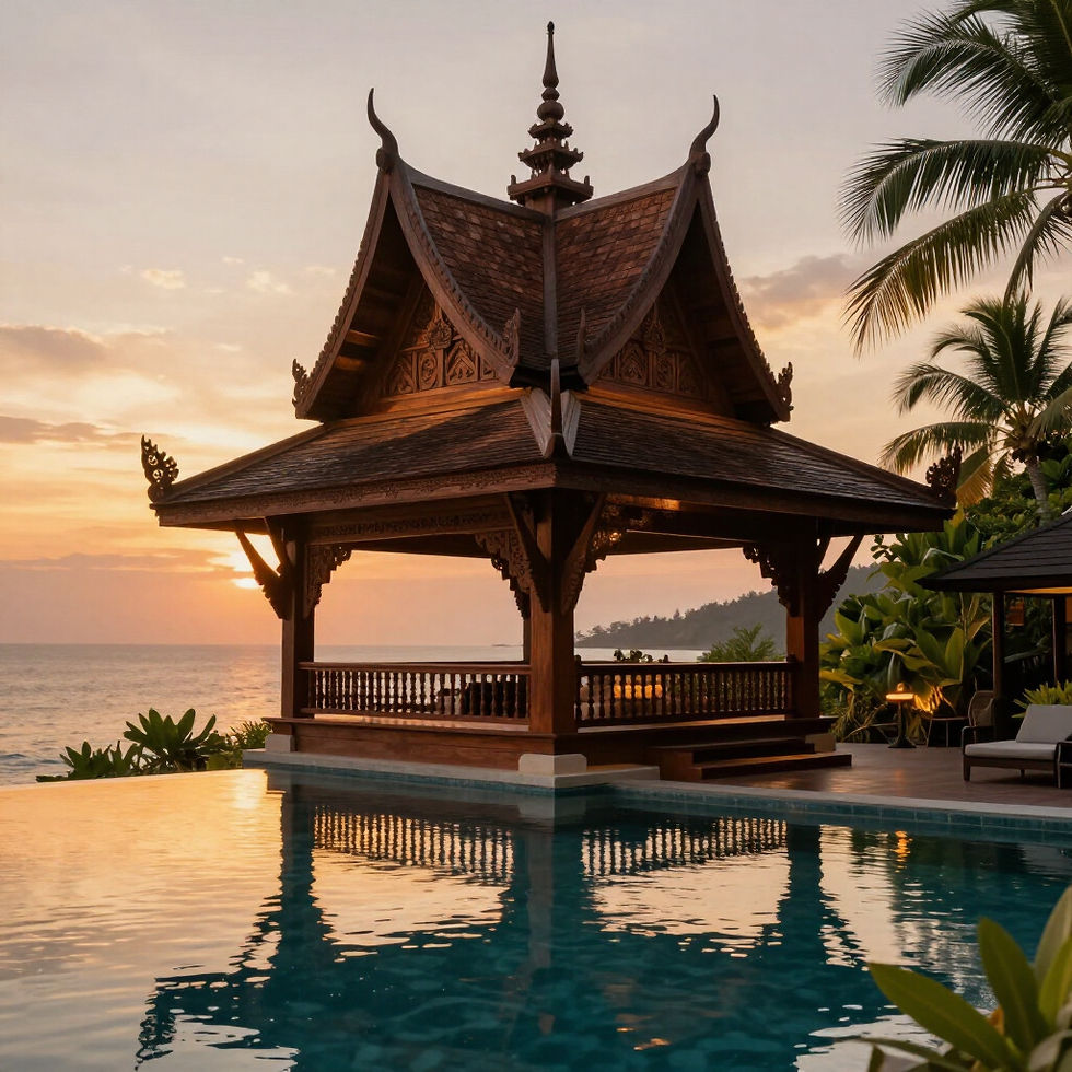 Luxury travel island sanctuary in Thailand with ocean view gazebo at sunset