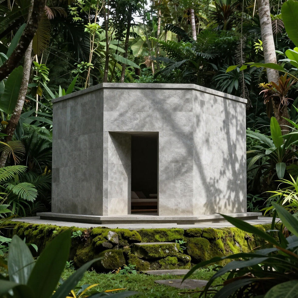 Minimalist concrete island sanctuary in tropical foliage in Bali