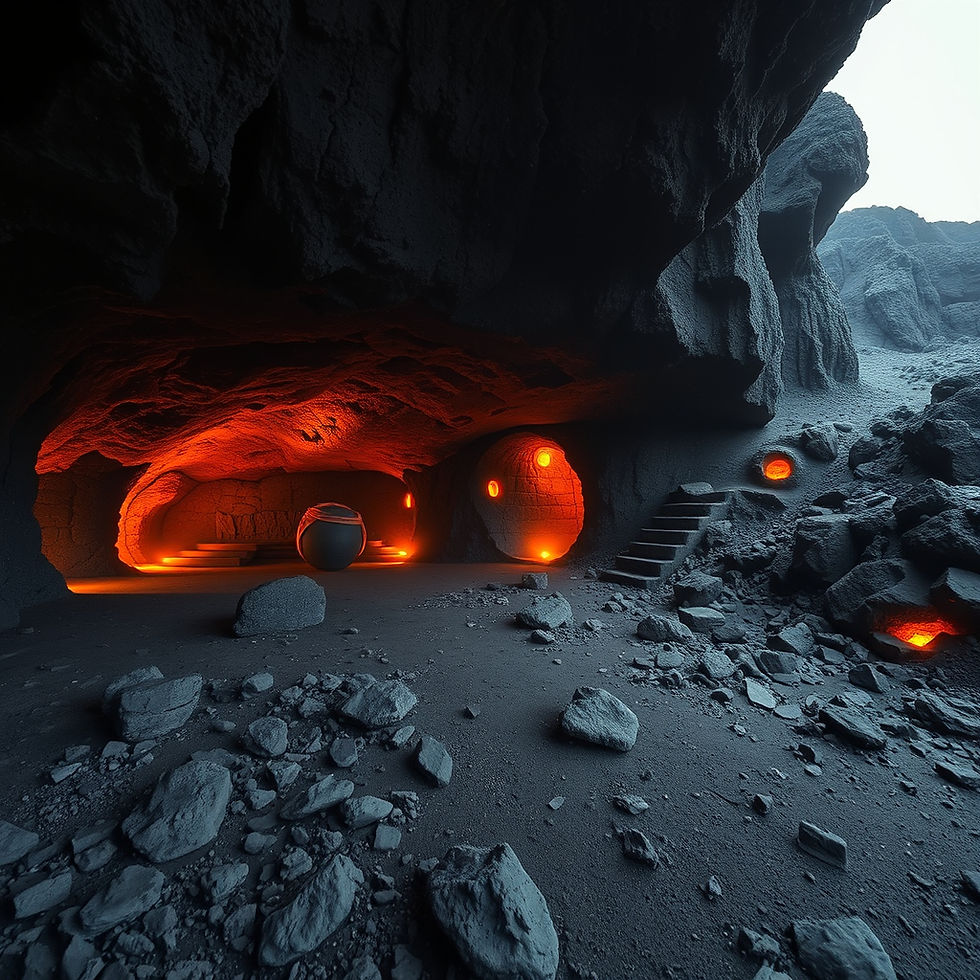 Mysterious cave illuminated by orange orbs