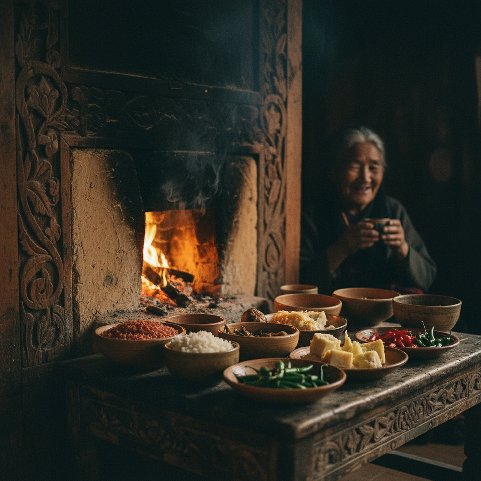 Bhutanese woman by fireplace with cooking ingredients in farmhouse