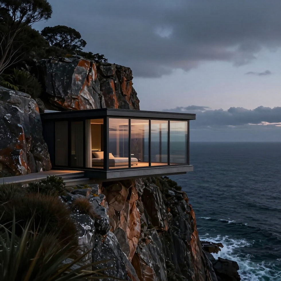 Luxury travel glass house on cliff overlooking ocean in Tasmania