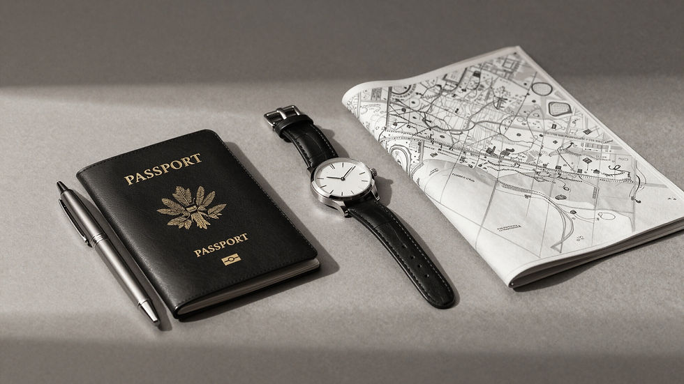 Passport, watch, and map for bespoke luxury travel