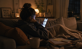 Frau mit Handy auf dem Sofa_ADHS (Symbolbild, KI-generiert).png