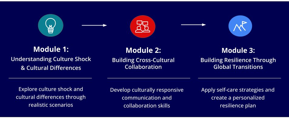 Module overview showing three learning modules: Understanding Culture Shock, Building Cross-Cultural Collaboration, and Building Resilience Through Global Transitions.