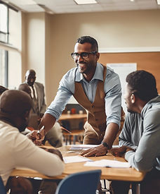 a picture of a brown skinned man teaching financial literacy at a community center to adul